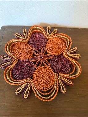 Handwoven Round Placemats/Trivet Set in Orange, Burgundy & Natural